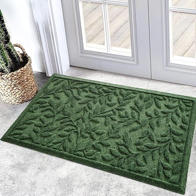 Bulijojo Sturdy Front Entrance Doormats,Durable Heavy Duty Welcome Mat,Thick Absorbent Natural Rubber Non Slip Mat,Easy Clean Entryway Mat 17x30 Inch Leaves Green