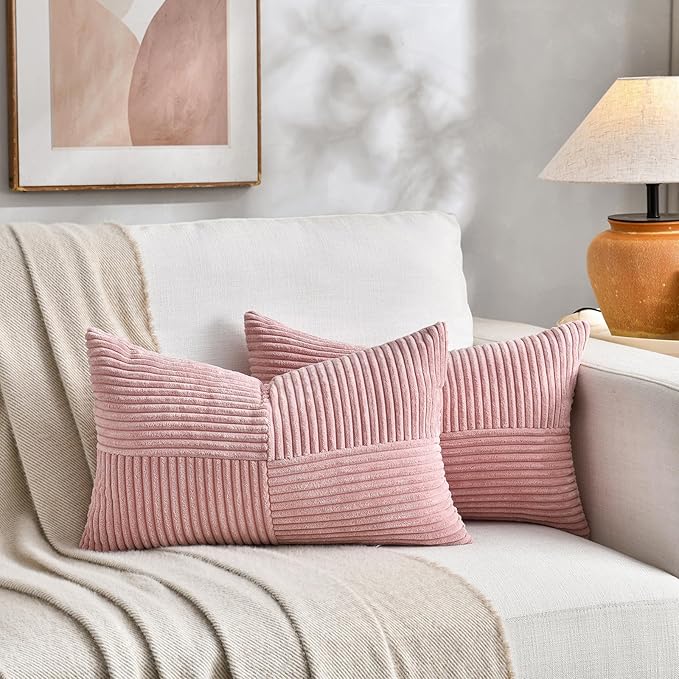 Fancy Homi 2 Packs Blush Pink Lumbar Decorative Throw Pillow Covers 16x26 Inch for Living Room Couch Bed, Rustic Farmhouse Boho Home Decor, Soft Striped Corduroy Rectangle Accent Cushion Case 65x40 cm