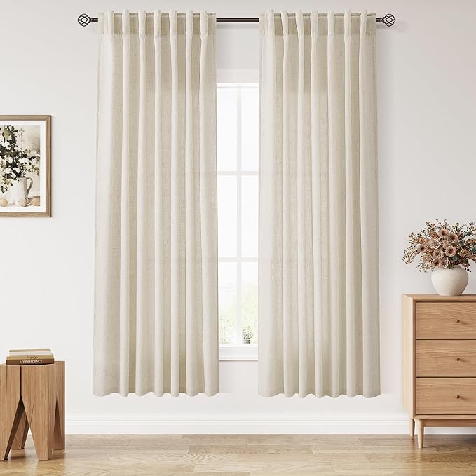Nanspring Living Room Curtains 72 Inch Length Linen Birch Beige Luxury Light Filtering Semi Sheer Curtain Back Tab Modern Farmhouse Decor Elegant Coastal Drapes for Bedroom Office 52x72, 2 Panels