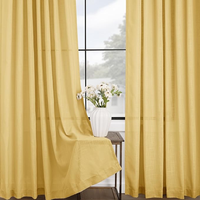 Gold Curtains for Living Room Back Tab Modern Farmhouse Semi Sheer Curtains 96 inches Long 2 Panels Set Muted Neutral Window Curtain for Dining Room Bedroom 52x96