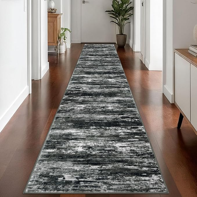 KOZYFLY Modern Abstract Washable Rug Runner 2.6x14 Hallway Rug Runner Non-Slip Soft Kitchen Runner Rugs, Black Grey Striped Carpet for Entryway Bathroom Laundry Room Foyer