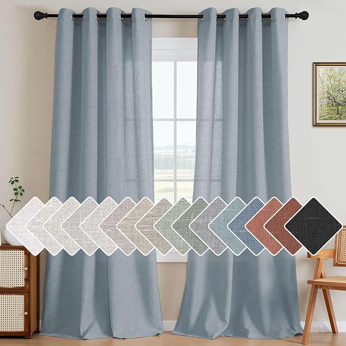 H.VERSAILTEX Linen Curtains Home Decorative Nickel Grommet Semi Sheer Curtains Privacy Added Energy Saving Light Filtering Window Treatments Draperies for Bedroom, Stone Blue, 2 Panels, 52 x 84 - Inch