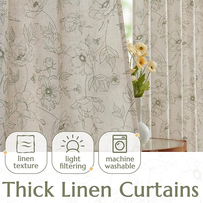 jinchan Floral Linen Curtains for Living Room 63 Inch Length Green Flower Curtain Rod Pocket Back Tab Farmhouse Curtains with Printed Floral Bedroom Window Curtain Set, 2 Panels Green