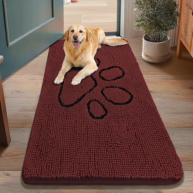 Smiry Dog Door Mat for Muddy Paws, Absorbent Dirt Trapper Non Slip Quick Dry Washable Chenille Mat for Mud Dogs, Entry Rug for Indoor and Outdoor (48x30 Inches, Caramel Russet and Black