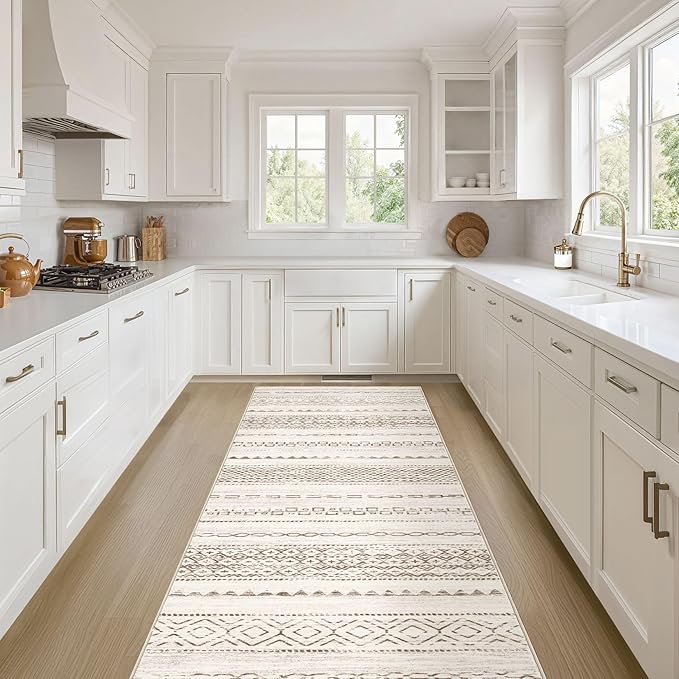 Nakagishi Runner Rug Kitchen Washable Rugs: 3x8 Non-Slip Boho Soft Modern Stain Resistant Indoor Floor Neutral Farmhouse Throw Carpet for Hallway Bathroom Laundry Room Entryway Bedroom- Brown