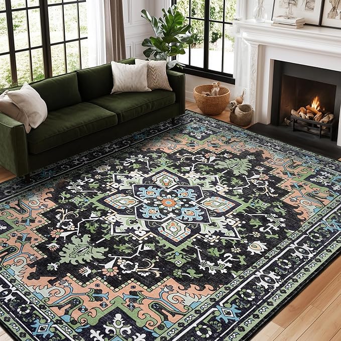 5x7 Area Rugs, Vintage Washable Area Rug for Living Room, Floral Boho Area Rugs for Bedroom, Office, Non-Slip Colorful Rug, Traditional Vintage Style, Plush Low-Pile Soft Carpet, Dark Green