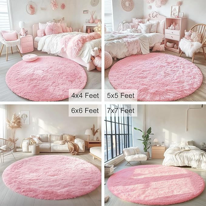 OLANLY Pink Round Rugs for Bedroom - Machine Washable, 5 ft Circle Area Rugs for Living Room, Soft and Fluffy Shaggy Carpet for Teen Girls and Boys, Nursery Rooms, Dorms, Home Decor Aesthetic
