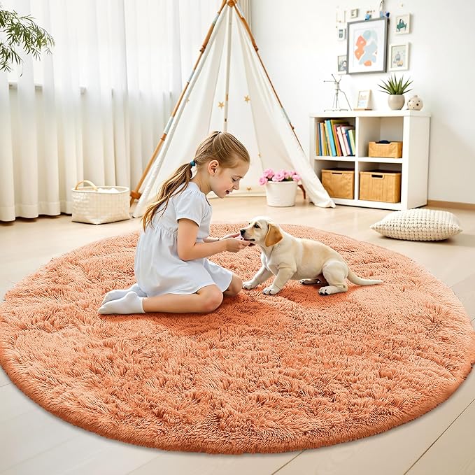 OLANLY Muted Orange Round Rugs for Bedroom - Machine Washable, 6 ft Circle Area Rugs for Living Room, Soft and Fluffy Shaggy Carpet for Teen Girl and Boys, Nursery Rooms, Dorms, Home Decor Aesthetic