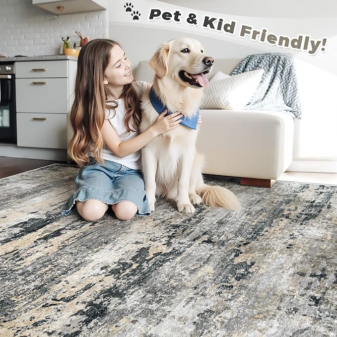 pmtsns Area Rugs 8x10 for Living Room: Washable Rug Modern Abstract Neutral Soft Non-Slip Low-Pile Indoor Large Carpet for Bedroom Dining Room Playroom Home Office (Black Grey Brown, 8'x10')