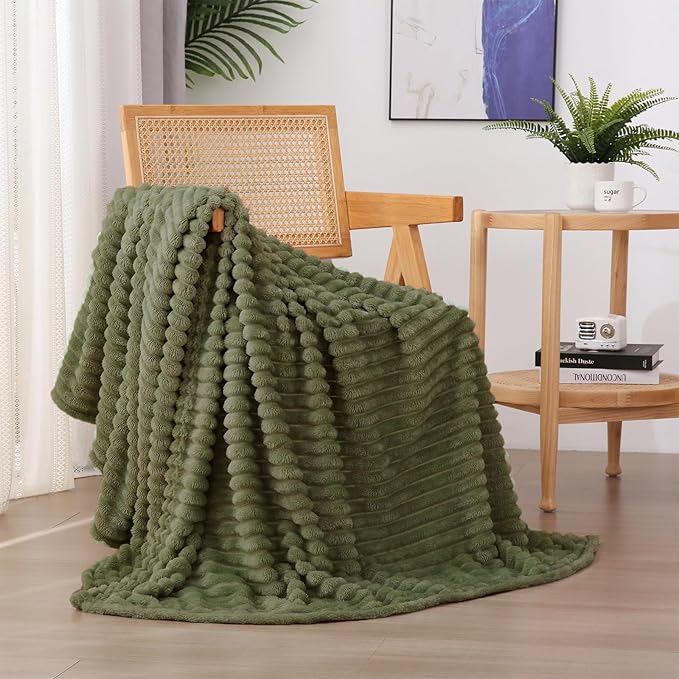 Olive Green Fleece Throw Blanket 108”×90” for Couch Sofa Bed,Super Soft Cozy Plush Microfiber Flannel Blanket with Stripes Design Lightweight for Adults,Woman,Girls