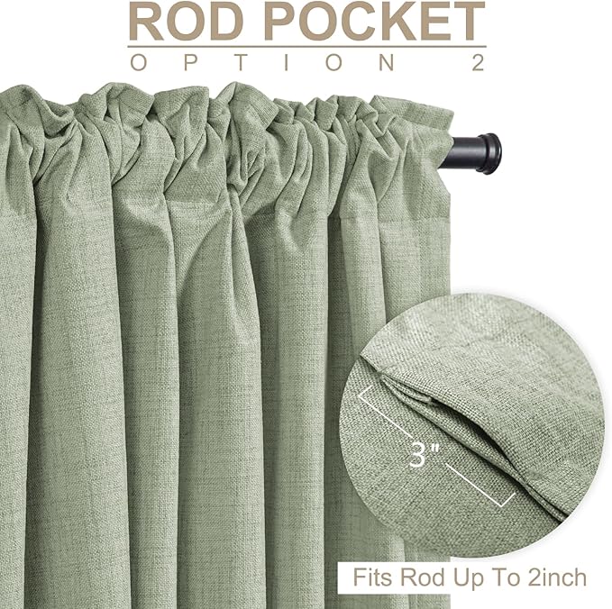100% Blackout Shield Linen Blackout Curtains for Bedroom 96 Inches Long, Back Tab/Rod Pocket Living Room Drapes, Thermal Insulated Blackout Curtains 2 Panels Set, 50" W x 96" L,Sage Green