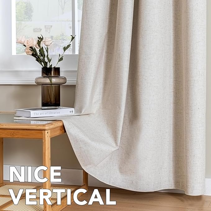 H.VERSAILTEX Linen Curtains 100% Blackout Curtains for Bedroom 84 inch Long Full Light Blocking Nature Linen Blended Window Curtains for Living Room Nickel Grommet (2 Panels, Heathered Natural)