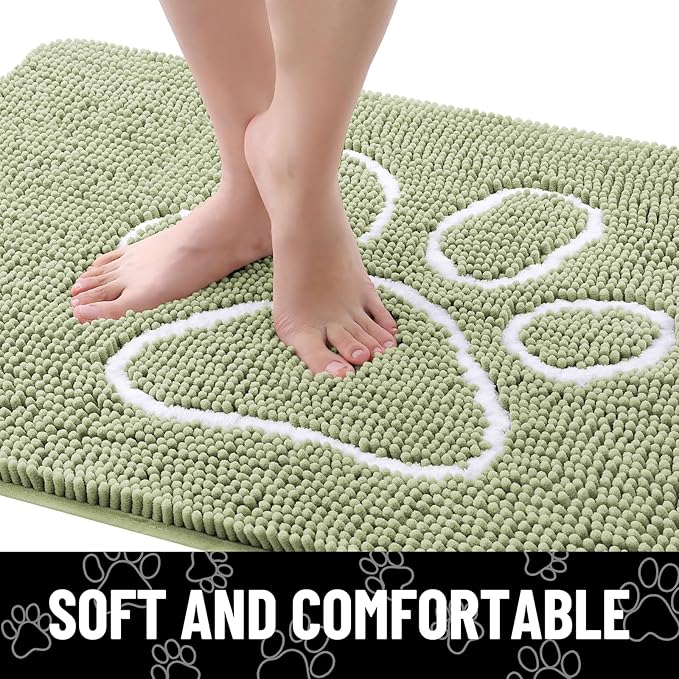 Smiry Dog Door Mat for Muddy Paws, Absorbent Dirt Trapper Non Slip Quick Dry Washable Chenille Mat for Mud Dogs, Entry Rug for Indoor and Outdoor (70x24 Inches, Sage Green and White)
