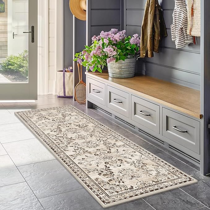 Yamaziot Washable Runner Rug 2x10 – Floral Non Slip Boho Hallway Runner Rug with Rubber Backing, Low Pile Faux Wool Distressed Carpet for Kitchen, Laundry, Bedroom, Entrance, Brown