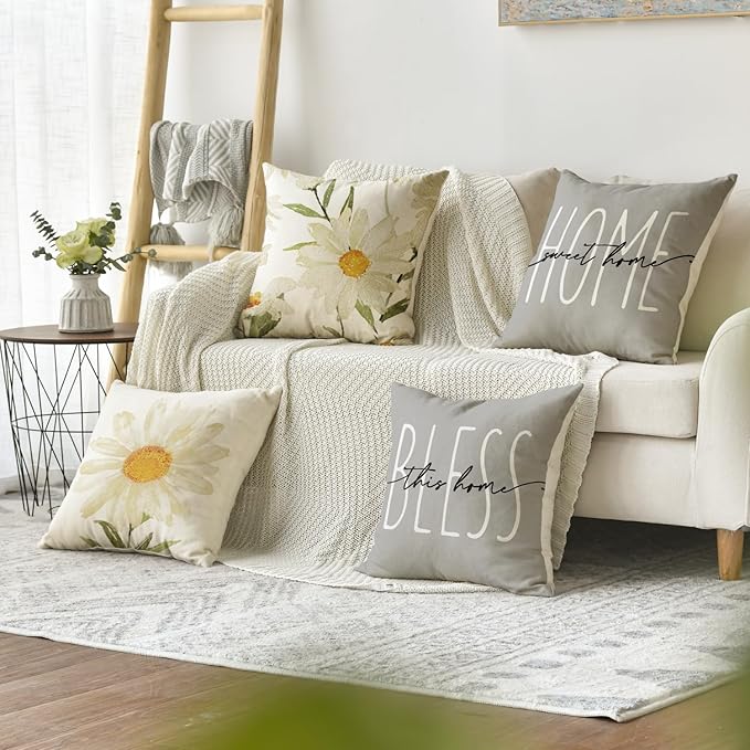 AVOIN colorlife Home Sweet Home Spring Summer Flowers Throw Pillow Covers, 18 x 18 Inch Grey Cushion Case for Sofa Couch Set of 4