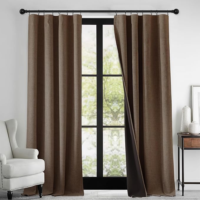RYB HOME 100% Blackout Linen Textured Curtains 108 inches Long, Thermal Insulating Privacy Energy Saving for Bedroom Living Room Window Office Theater Patio Door, W 52 x L 108 in, Coffee, 2 Panels