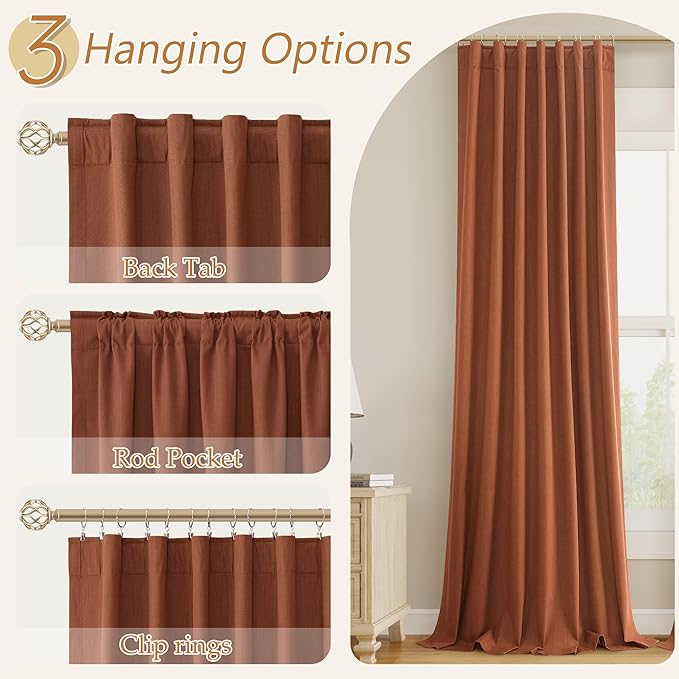 Guken Terracotta 100% Blackout Curtains 108 Inch Length 2 Panels Set Fall Curtains for Living Room Bedroom Back Tab Thermal Insulated Black Out Linen Drapes，52x108