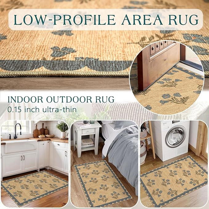 Front Door Mat Outside Entrance - 2x3 Floral Non-Slip Washable Doormat Indoor Outdoor Mat Jute-Look Farmhouse Blue Scalloped Entry Rug Small Throw Rugs for Entryway Kitchen Front Porch Decor