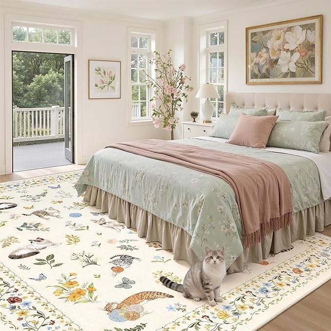 Cat 9x12 Area Rugs for Living Room, Machine Washable Animal Floral Vintage Rug Non-Slip Low Pile Soft Throw Large Rugs for Bedroom Dining Room Kitchen Nursery Playroom (9 x 12,Beige)