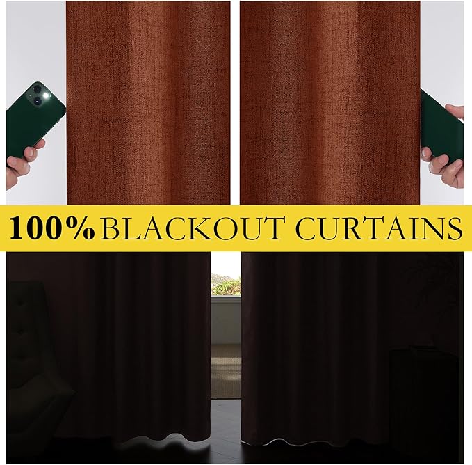 NICETOWN 100% Absolutely Blackout Linen Curtains with Thermal Insulated Liner, 52" Wide, 2 Panels, 108" Long Drapes, Grommet Retro Burnt Orange Linen Curtains Vertical Drapes Privacy for Bedroom