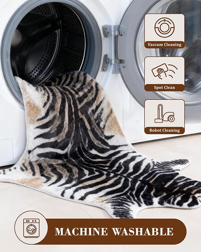 Zebra Print Rug for Living Room, Faux Fur Zebra Hide 5.2x7 Feet Animal Skin Rug for Bedroom Nursery Black and White