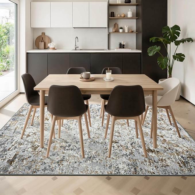 Toneed Abstract Area Rug Modern Washable Rug Soft Non Slip Rug Low Pile for Bedroom Living Room Dining Room Brown/Grey 4x6 Feet