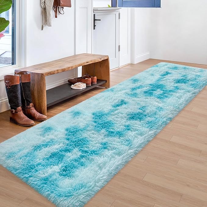 Tie-Dyed Sky Blue 2x8 Machine Washable Runner Rugs for Hallway Soft Fluffy Shaggy Bedside Rugs for Bedroom Living Room Indoor Floor Carpet for Kids Girls and Boys Nursery Rooms Home Decor Aesthetic