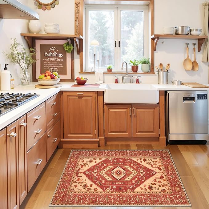 SERISSA Boho Rugs for Entryway, 2x3 Washable Non-Slip Entryway Rug Small Area Rug, Ultra Soft Oriental Vintage Red Low-Pile Indoor Door Mat Floor Carpet for Entrance Bedroom Kitchen Bathroom
