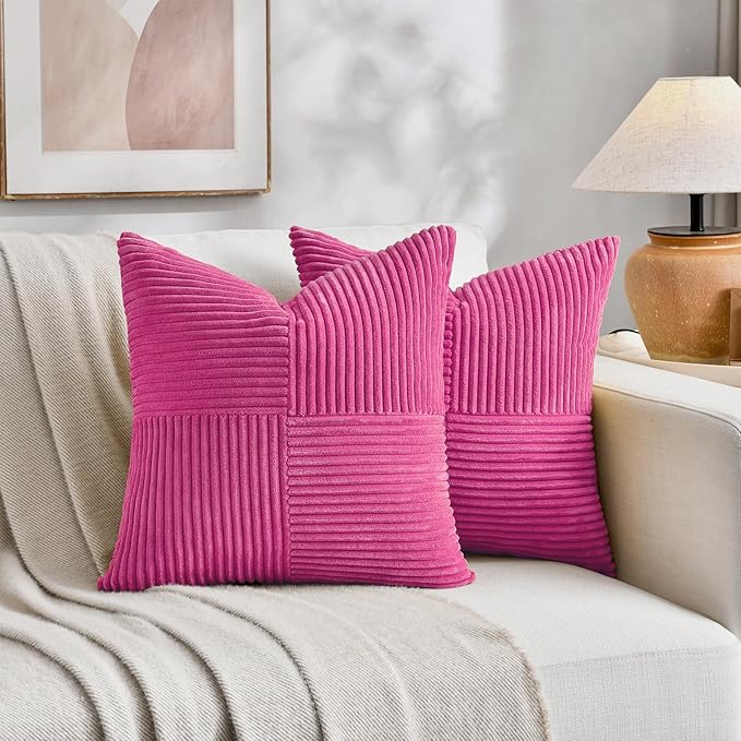 Fancy Homi 2 Packs Hot Pink Decorative Throw Pillow Covers 16x16 Inch for Living Room Couch Bed Sofa, Rustic Farmhouse Boho Home Decor, Soft Corss Patchwork Corduroy Textured Cushion Case 40x40 cm