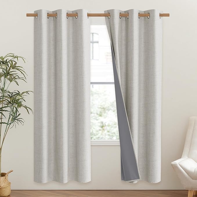 NICETOWN Snowbound Vintage Linen 100% Blackout Curtains for Classroom, Thermal Insulated Curtains 72" Long, Noise Reducing Window Treatment Drapes for Gym Room, 42" Wide Per Panel, Set of 2