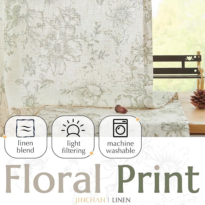jinchan Linen Floral Curtains 84 Inch Length for Living Room Bedroom Light Filtering Farmhouse Peony Flower Drapes Rustic Window Curtain Set Rod Pocket Back Tab 2 Panels Green