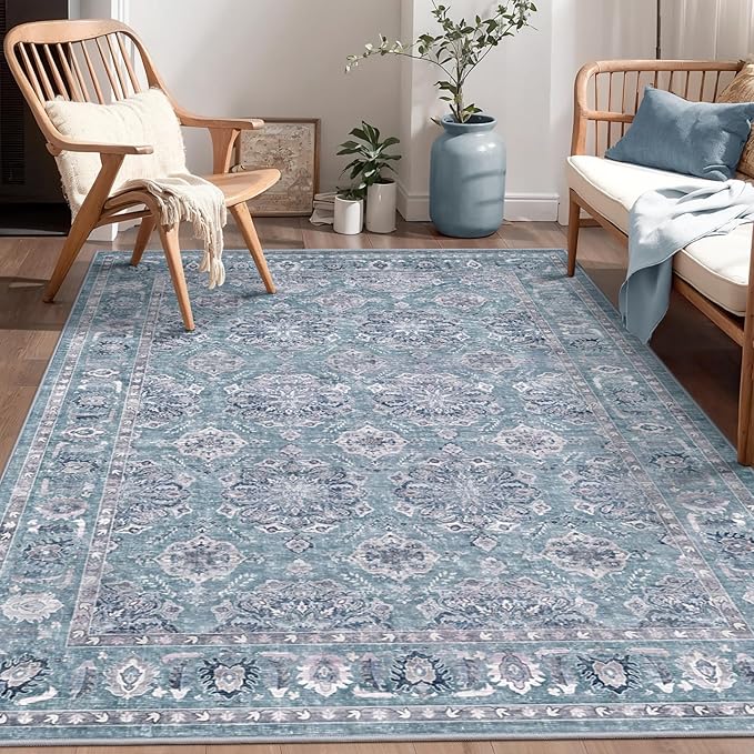 SERISSA Area Rug 4x6 Boho Rugs for Bedroom, Washable Non-Slip Living Room Rugs, Ultra Soft Print Distressed Low-Pile Throw Rug Blue Grey Carpet for Nursery Dorm Kitchen Living Room Decor