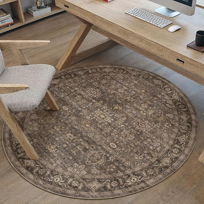 4x4 Washable Round Rug for Living Room Bedroom Vintage Brown Soft Low Pile Carpet Traditional Retro Non Slip Cirlce Rug for Dining Room Entryway Indoor Dorm Kitchen