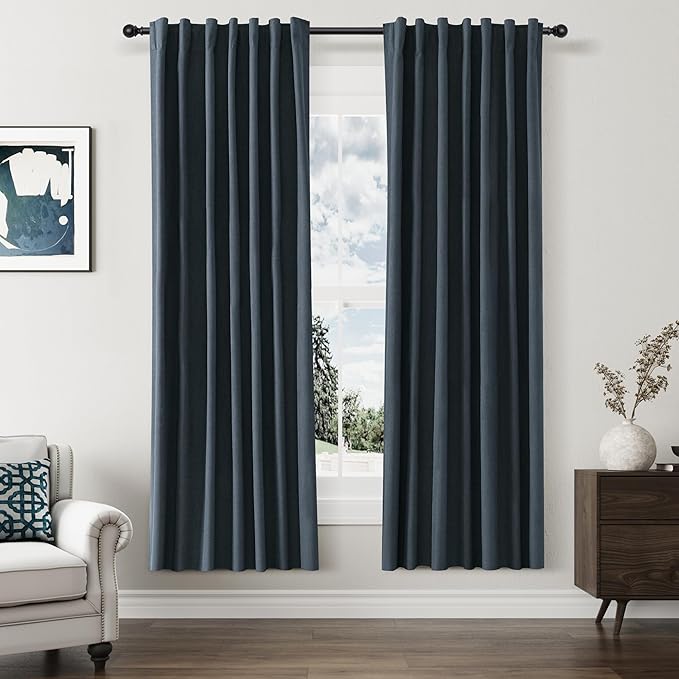 Guken Vintage Blue 100% Blackout Linen Curtains 72 Inch Length 2 Panels Set for Living Room Bedroom Back Tab/Rod Pocket Thermal Insulated Black Out Drapes Room Darkening Window Curtains