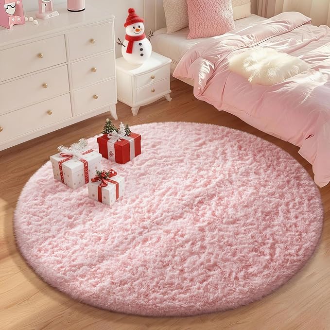 Ophanie Pink Round Rugs 5Ft Circle Area Rug, Cute Fluffy Fuzzy Girls Bedroom Carpet, Plush Soft Shaggy Indoor Floor Kawaii Living Room Rugs for Kids, Room Decor for Teen Home Decor Aesthetic, Nursery