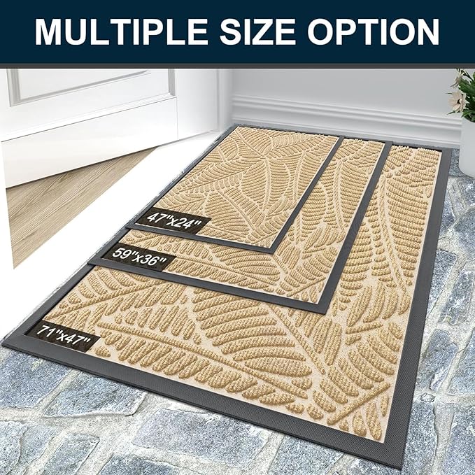 Colorxy Waterproof Doormat, Sturdy Natural Rubber Front Indoor Mat, Non Slip Low Profile Indoor Outdoor Door Mats, Stain and Fade Resistant Floor Mat, Easy Clean Patio Entrance Mat, 59''x36'', Beige