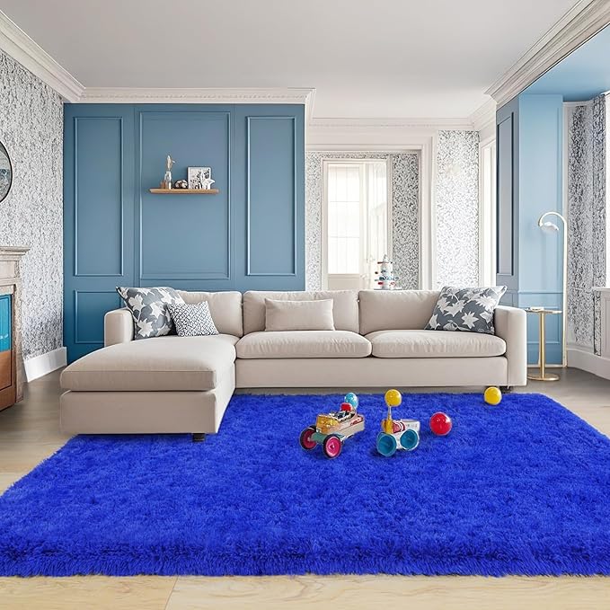 Pionblank 8x10 Rug for Living Room, Fuzzy Plush Large Area Rug, Fluffy Modern Shag Non Slip Soft Furry Carpet for Bedroom Kids Room Nursery Teens Dorm Home Decor, Royal Blue