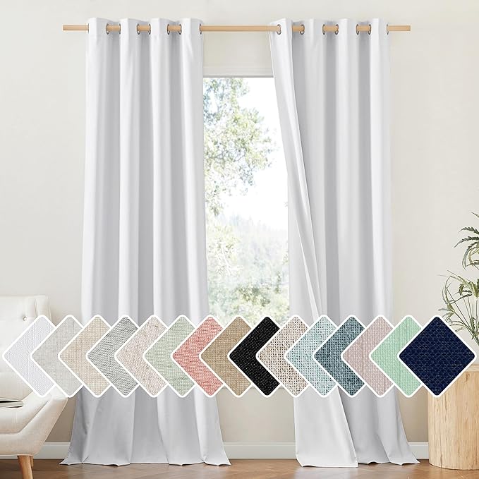 NICETOWN 100% Absolutely Blackout Linen Curtains with Thermal Insulated White Liner, White, 52" Wide, Long Curtains 95" Long 2 Panels Set for Living Room, Thermal Insulated Privacy Drapes for Bedroom