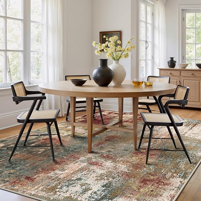 Washable Area Rugs 5'x7' Non-Slip Modern Abstract Soft for Living Room Entryway Bedroom Nursery, Print Pattern, Brown Rust Red Green Blue Multi