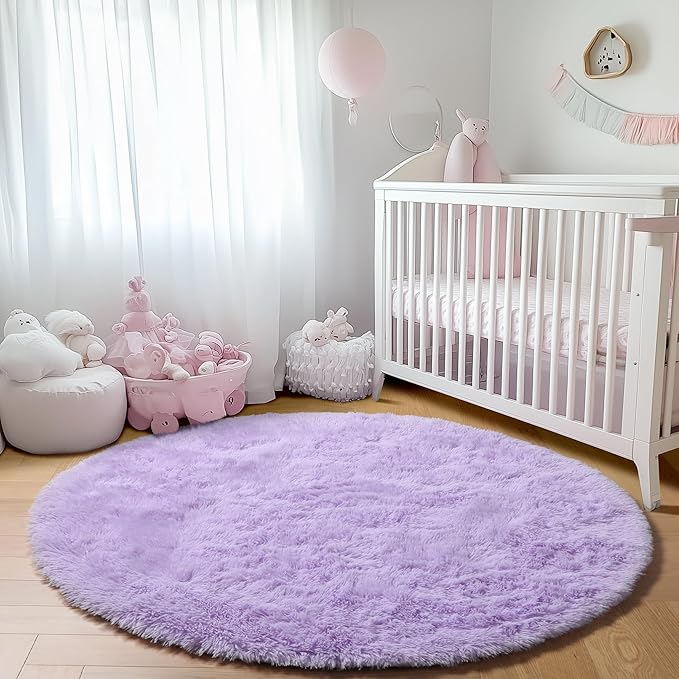 ONASAR Light Purple Round Area Rug 4ft, Soft Bedroom Circle Rugs Floor Mats for Kids Girls Teen Room, Cute Fluffy Plush Shaggy Carpet for Baby Nursery Living Room Playroom Dorm Home Decor