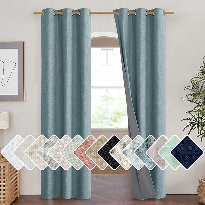 NICETOWN 100% Absolutely Blackout Linen Curtains with Thermal Insulated Liner, Skylark Blue, 42" Wide, 90" Length Energy Saving Curtains for Living Room 2 Panels Set, Vertical Blinds