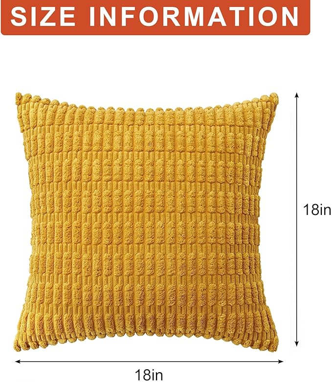 Pack of 2 Corduroy Decorative Throw Pillow Covers 18x18 InchSoft Boho Striped Pillow Covers Modern Farmhouse Home Decor for Sofa Living Room Couch Bed(Yellow)