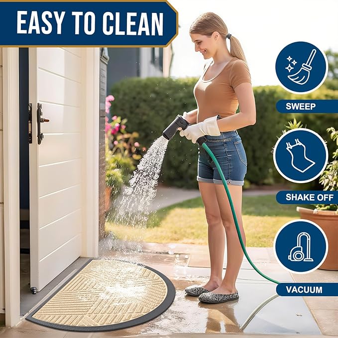 Smiry Half Circle Front Door Mat Outside Entrance, Heavy Duty Sturdy Natural Rubber Doormat, Trap Dirt and Moisture, Low Profile Mats for Indoor Outdoor Entry, Irregular Triangle (35x23, Beige)