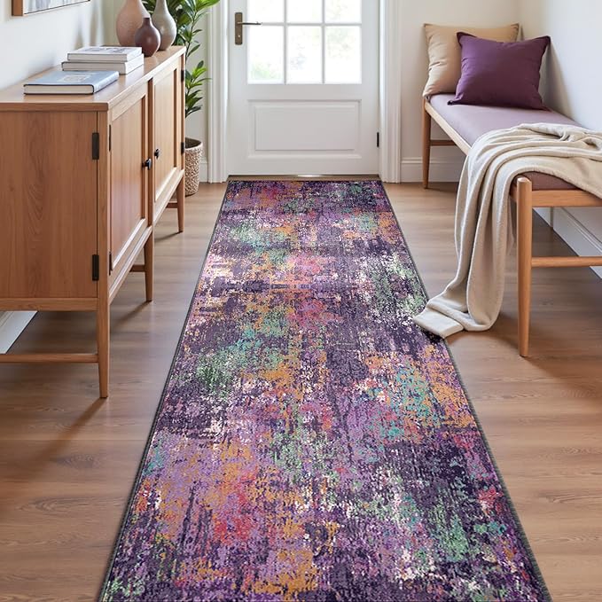 Washable Area Rugs 2'x6' Non-Slip Modern Abstract Soft for Living Room Entryway Bedroom Nursery, Print Pattern, Purple Orange Blue Green Rust Red Colorful