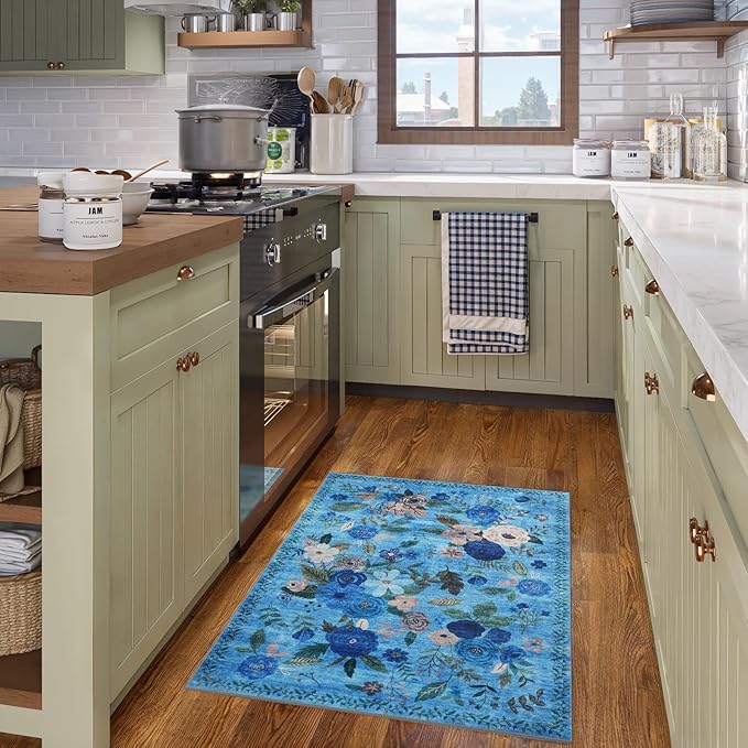 Floral Rug for Entryway, 2X3 Washable Kitchen Mat Ultra-Thin Soft, Non-Slip Indoor Door Carpet Stain Resistant Boho Small Low-Pile Throw for Bathroom Bedroom (2 x 3, Blue Lawn)