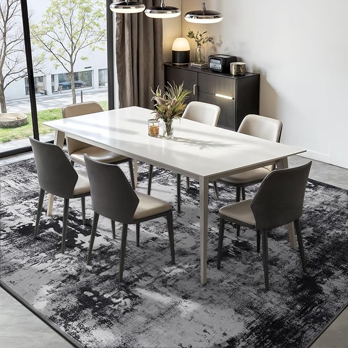 Rugflix 4x6 Area Rugs for Living Room, Washable Large Rug Stain-Resistant Low Pile, Modern Dark Carpet for Dining Room Home Office Kid Room Nursery Bedroom, Black Grey