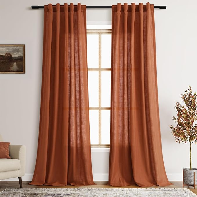 Terracotta Boho Curtains for Bedroom Back Tab Rod Pocket Semi Sheer Linen Curtains 90 Inches Long 2 Panel Set Light Filtering Neutral Brick Burnt Orange Farmhouse Curtain for Living Room 40x90