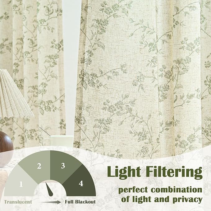 Lazzzy Green Floral Curtains 84 Inch Length Linen Farmhouse Curtain Back Tab Drapes for Living Room Bedroom Light Filtering Vintage Rod Pocket Curtains, 2 Panels, Green on Beige
