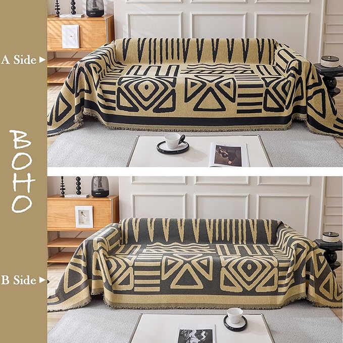HANDONTIME Boho Geometric Couch Covers for Sofa Pet Friendly Taupe and Black Sofa Covers Washable Chenille Couch Blanket Cover for 2 3 Cushion Couches Pet Protector Furniture Cover Soft, 71" X 118"