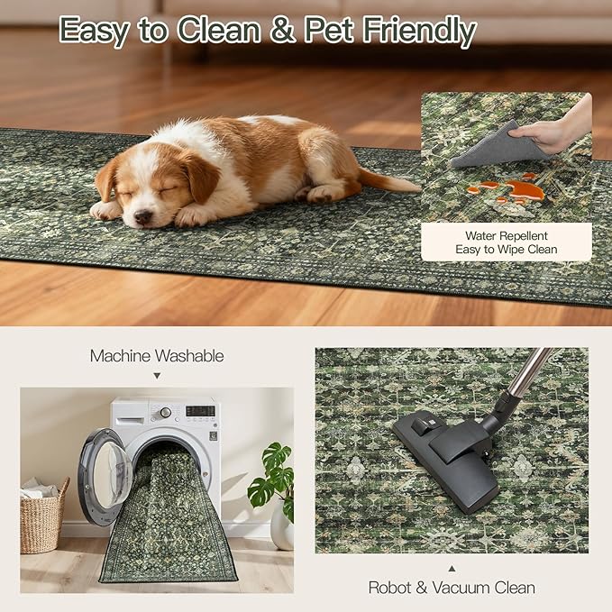 Lofus 2X 6 Area Rug, Green Washable Runner Rugs for Hallways with Non Slip Rubber Backing, Low Pile Soft Carpet Runner for Kitchen Bathroom Bedroom Laundry